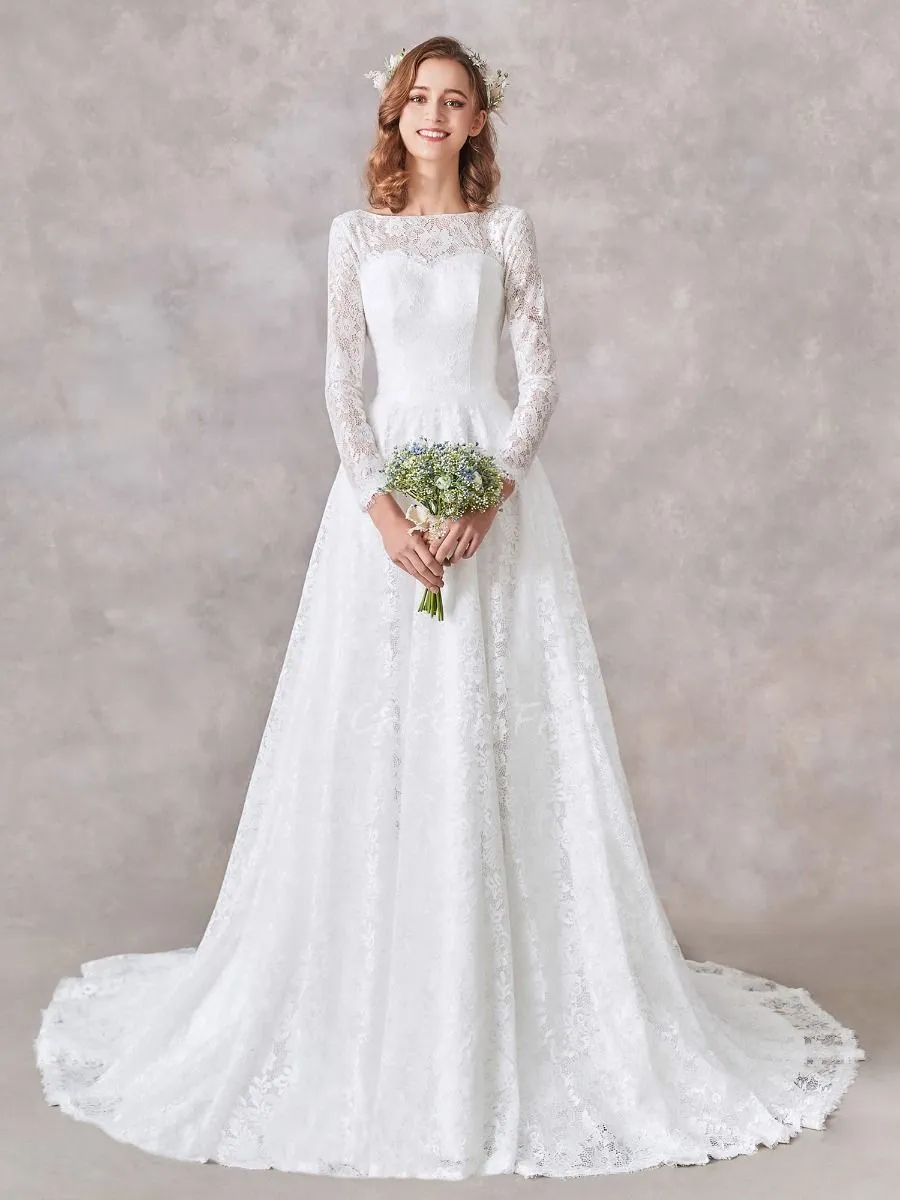 Robe De Mariée Princesse Col Bateau Dentelle Manche Longue Dos Fermé Modeste