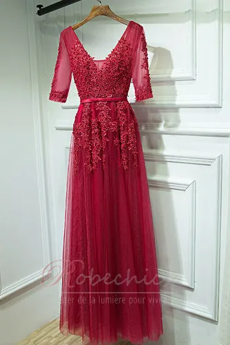 Robe Demoiselle d'Honneur Été Perle Décolleté Dans le Dos 1/2 Manche