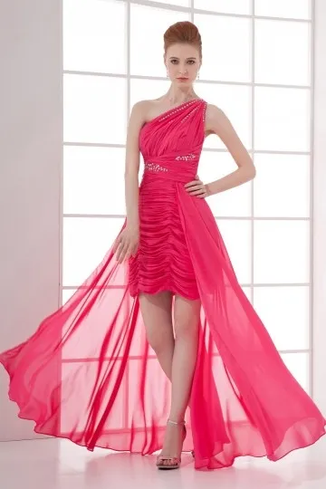 Robe fuchsia pas cher courte devant longue derrière asymétrique