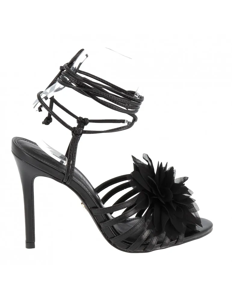 sandales à talons avec fleur cuir noir 11 cm