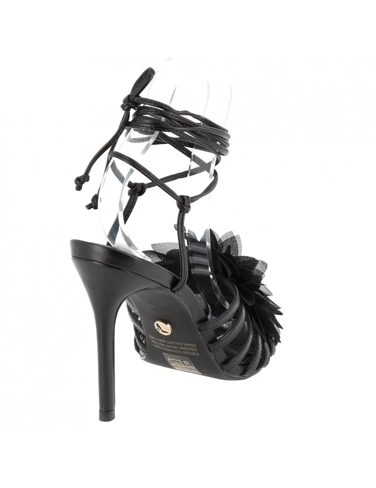 sandales à talons avec fleur cuir noir 11 cm