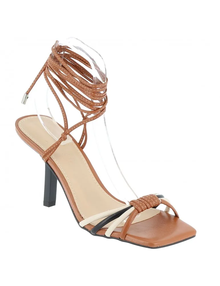 sandales à talons multibrides cuir camel et beige 09 cm