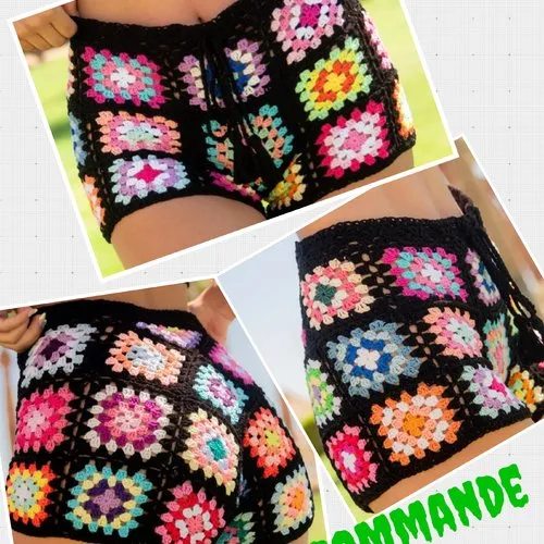 Sur commande.chic short  style boho,crochet acrylique multicolore fantaisie en carré grande mère