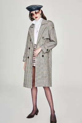 Trench-coat long à carreaux vintage pour femme