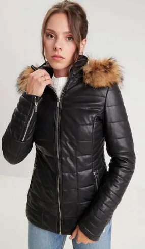 Veste cuir capuche femme noir style doudoune